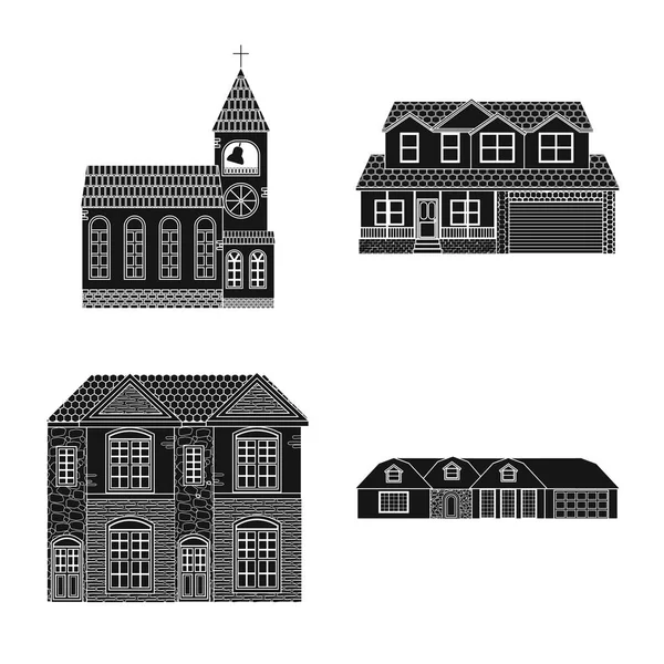建物とフロントのデザインのベクトル シンボル。Web の建物や屋根のストック シンボルのコレクション. — ストックベクタ