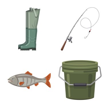 Balık ve balık tutma işareti vektör çizimi. Balık topluluğu ve hisse senedi için ekipman vektör simgesi.