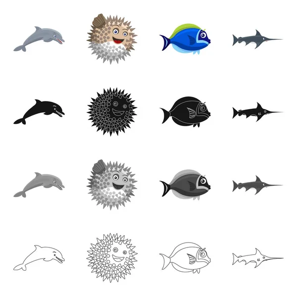 Ilustración vectorial del icono del mar y los animales. Conjunto de ilustración de vectores marinos y marinos . — Vector de stock