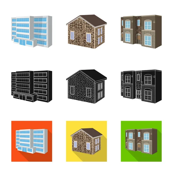 Illustrazione vettoriale della facciata e logo dell'alloggiamento. Set di facciata e infrastruttura stock simbolo per il web . — Vettoriale Stock