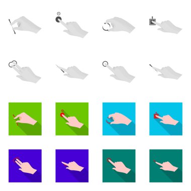 Dokunmatik ve el logosu yalıtılmış nesne. Dokunmatik ekran ayarla ve stok için vektör simgeye dokunun.