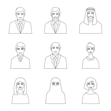 Karakter ve avatar simgesinin vektör tasarımı. Web için karakter ve kişi stok sembolü kümesi.