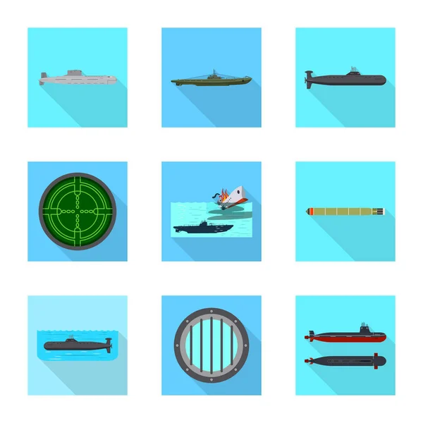 Vektor-Design des militärischen und nuklearen Logos. Set von Militär- und Schiffsvektorsymbolen für Aktien. — Stockvektor