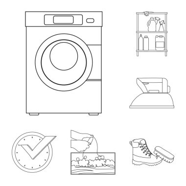 Çamaşırhane ve temiz işareti vektör tasarımı. Hisse senedi için çamaşır ve giysi vektör simge kümesi.