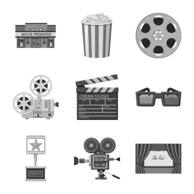Sinematografi vektör tasarımı ve stüdyo işareti. Sinematografi seti ve filme stok vektör illüstrasyon.