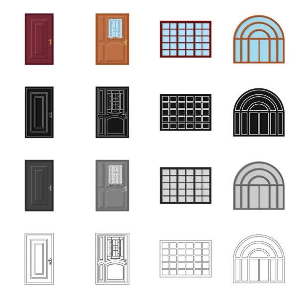 Ізольований об'єкт двері та передній символ. Набір дверних та дерев'яних наборів Векторні ілюстрації . — стоковий вектор