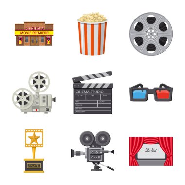 Sinema ve tiyatro simgesinin izole nesnesi. Web için sinema ve eğlence stok sembolü koleksiyonu.
