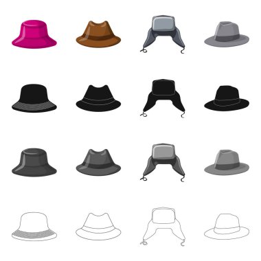 Şapkalar ve kap simge vektör çizim. Şapkalar ve hisse senedi için aksesuar vektör simge kümesi.