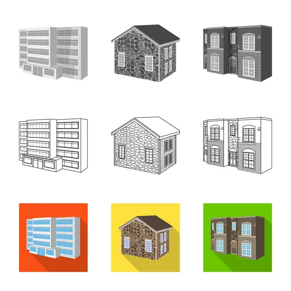 Objet isolé de façade et signe de logement. Collection d'illustrations vectorielles des façades et des infrastructures . — Image vectorielle