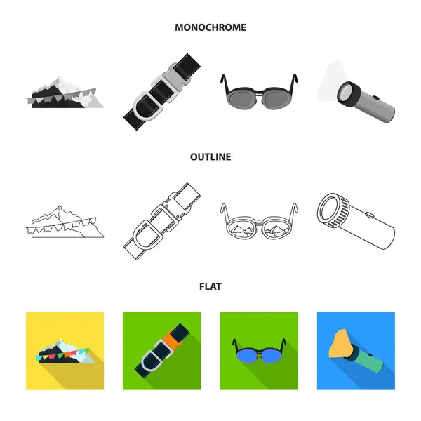 Ilustración vectorial de montañismo y pico de señal. Conjunto de montañismo e ilustración de vectores de acampada . — Vector de stock