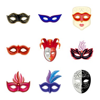 Karnaval ve tiyatro işareti izole nesne. Stok için karnaval ve gizem vektör simgesi seti.