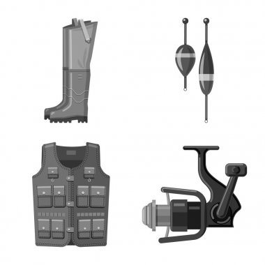 Balık ve balık tutma simgesi izole nesne. Balık ve ekipman hisse senedi vektör çizim seti.