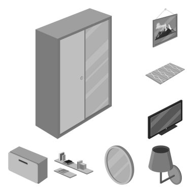 Yatak odası ve oda logo vektör tasarımı. Web için yatak ve mobilya hisse senedi simgesi kümesi.