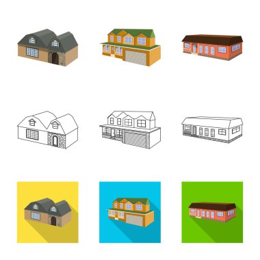 Cephe ve konut simge vektör Illustration. Cephe ve altyapı hisse senedi vektör çizim seti.