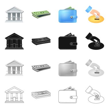 Banka ve para işareti vektör tasarımı. Hisse senedi için banka ve bill vektör simge kümesi.