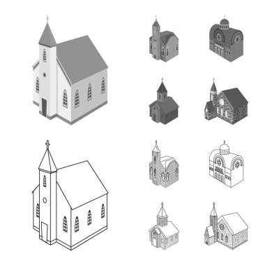 Tapınağın vektör tasarımı ve tarihi işaret. Stok için tapınak ve inanç vektör simgesi seti.