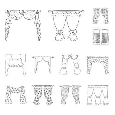 Kumaş ve dekorasyon sembolü vektör tasarımı. Stok için kumaş ve korniş vektör simgesi seti.