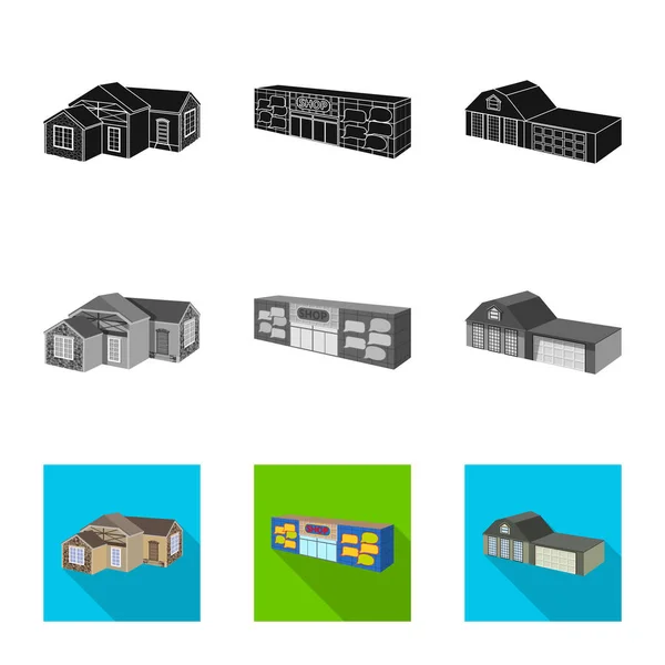 Vektorillustration der Fassade und des Wohnlogos. Fassaden- und Infrastrukturvektorsymbole für Aktien. — Stockvektor