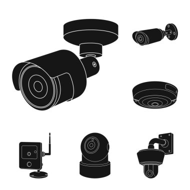 Cctv ve kamera simgesinin vektör tasarımı. Hisse senedi için cctv ve sistem vektör simge kümesi.