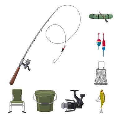 Balık ve balık tutma işareti vektör tasarımı. Web için balık ve ekipman hisse senedi simgesi kümesi.