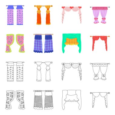 Perde ve perde logosunun izole edilmiş nesnesi. Perdeler ve perdeler ağ için stok sembolü.