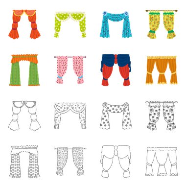 Perde ve perdelerin izole nesnesi işareti. Stok için perde ve panjur vektör simgesi koleksiyonu.