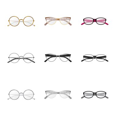 Gözlük ve çerçeve logosu yalıtılmış nesne. Gözlük ve hisse senedi için aksesuar vektör simge kümesi.