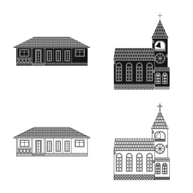 Binanın yalıtılmış nesne ve ön işareti. Bina ve hisse senedi için çatı vektör simge kümesi.