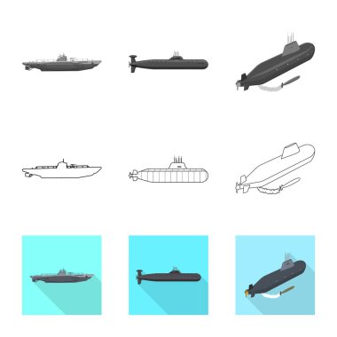 Savaş ve gemi işareti illüstrasyon vektör. Savaş ve hisse senedi için filo vektör simge kümesi.