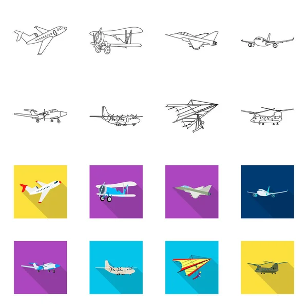 Vektorillustration des Flugzeugs und des Transportlogos. Sammlung von Flugzeug- und Himmelssymbol für das Web. — Stockvektor