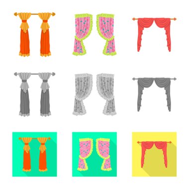 Perde ve perdelerin vektör tasarımı işareti. Stok için perde ve panjur vektör simgesi seti.