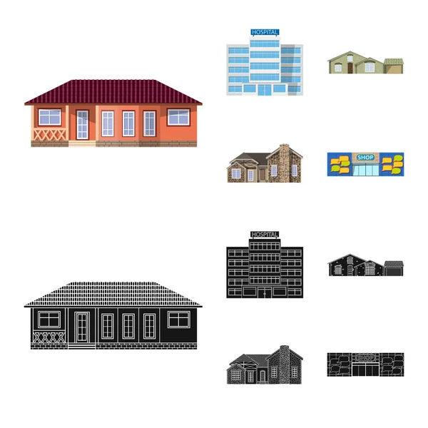 Ilustração vetorial do edifício e logotipo da frente. Conjunto de construção e símbolo de estoque de telhado para web . —  Vetores de Stock