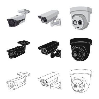 Vektör çizim cctv ve kamera simgesi. Hisse senedi için cctv ve sistem vektör simge topluluğu.