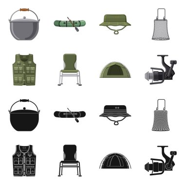 Balık ve balık tutma logo vektör tasarımı. Balık kümesi ve hisse senedi için ekipman vektör simgesi.