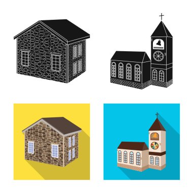 Cephe ve konut simge vektör tasarımı. Cephe ve altyapı hisse senedi vektör çizim seti.