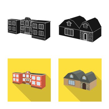Cephe ve konut işaret illüstrasyon vektör. Hisse senedi için cephe ve altyapı vektör simge kümesi.