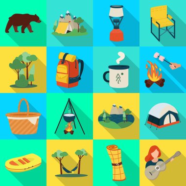 Trekking ve yaban hayatı logosu vektör tasarımı. Web için trekking ve eğlence stok sembolü koleksiyonu.