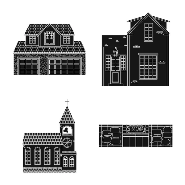 Vektorillustration des Gebäudes und des vorderen Schildes. Sammlung von Bau- und Dachbestandssymbolen für das Web. — Stockvektor