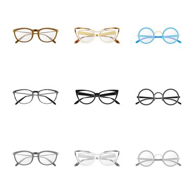 Gözlük tasarım vektör ve işareti çerçeve. Gözlük ve hisse senedi için aksesuar vektör simge kümesi.