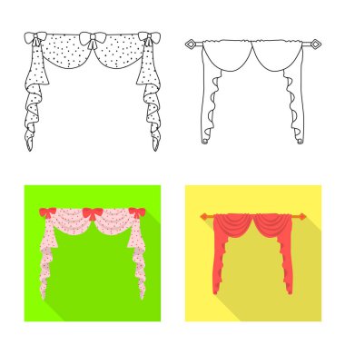 Perde ve perde logosunun izole edilmiş nesnesi. Stok için perde ve jaluzi vektör simgesi.