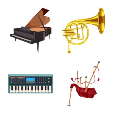 Müzik ve melodi logo vektör tasarımı. Hisse senedi için müzik ve araç vektör simge kümesi.