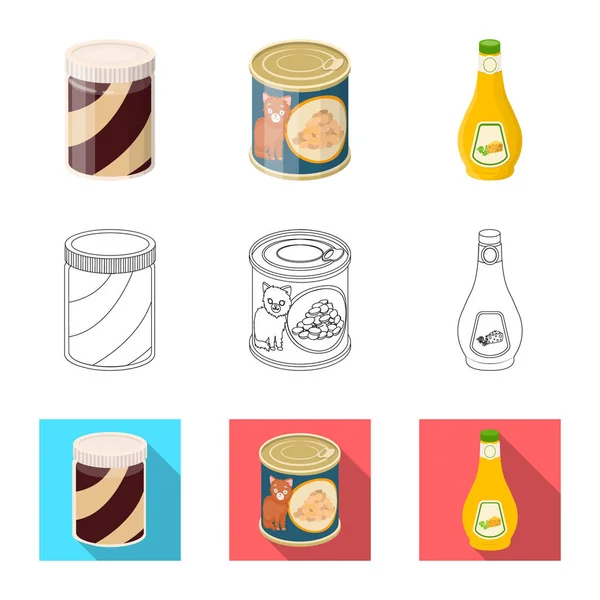 Objeto aislado de lata y símbolo de comida. Conjunto de ilustración de vectores de latas y paquetes . — Vector de stock