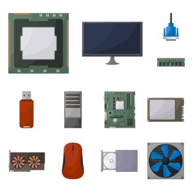 Bilgisayar ve donanım simgesinin vektör çizimi. Web için bilgisayar ve bileşen stok sembolü kümesi.