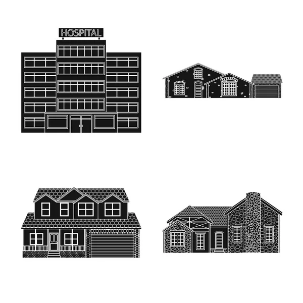 Illustration vectorielle du bâtiment et icône frontale. Collection d'illustrations vectorielles de bâtiments et de toitures . — Image vectorielle