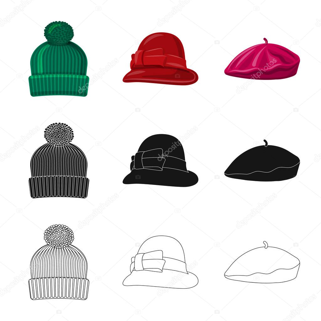 Vector illustration of headgear and cap logo. Collection of headgear and accessory vector icon for stock.