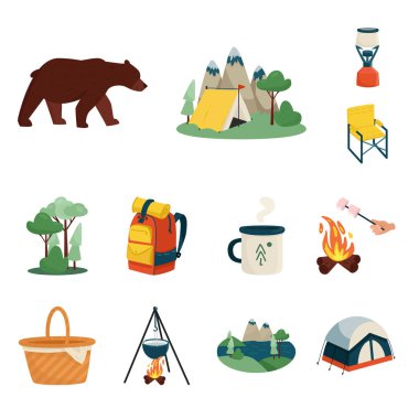 Piknik ve doğa logosu vektör tasarımı. Stok için piknik ve seyahat vektör simgesi koleksiyonu.