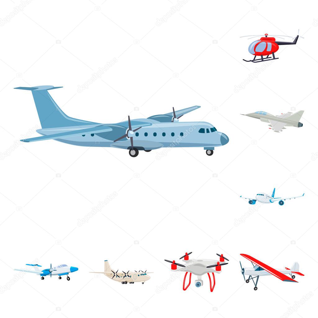 Vector illustration of plane and transport icon. Set of plane and sky stock symbol for web.
