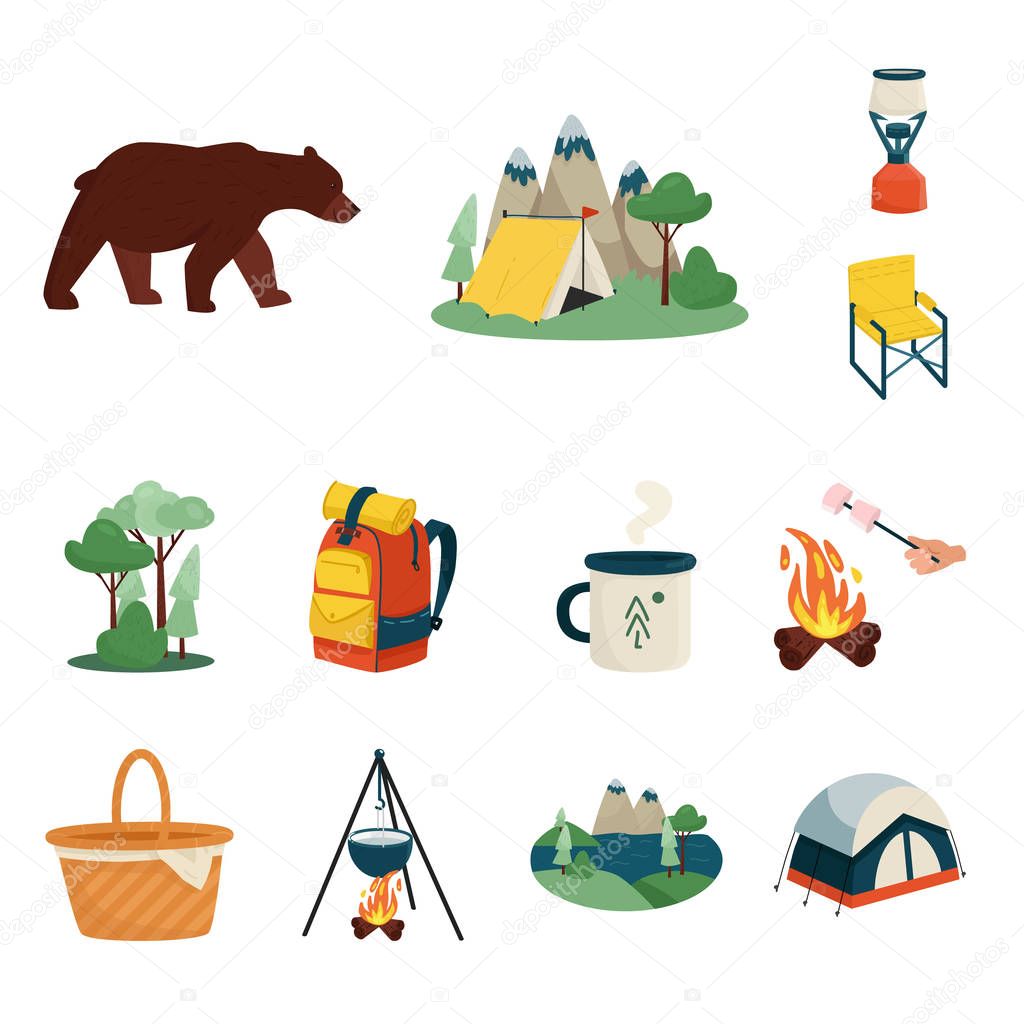 Vector design of picnic and nature logo. Collection of picnic and travel vector icon for stock.