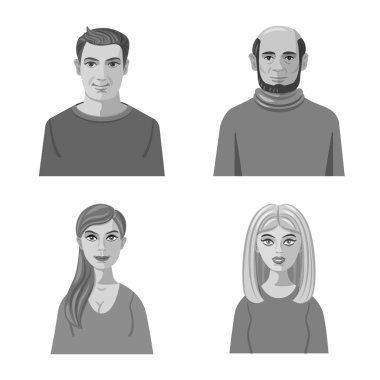 Yüz ve kişi logosunun yalıtılmış nesnesi. Stok için yüz ve portre vektör simgesi kümesi.