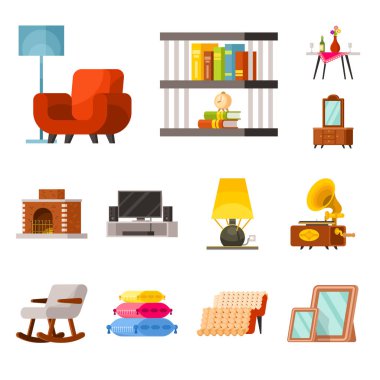 Mobilya vektör tasarımı ve iç simge. Web için mobilya ve aksesuar stok sembolü koleksiyonu.